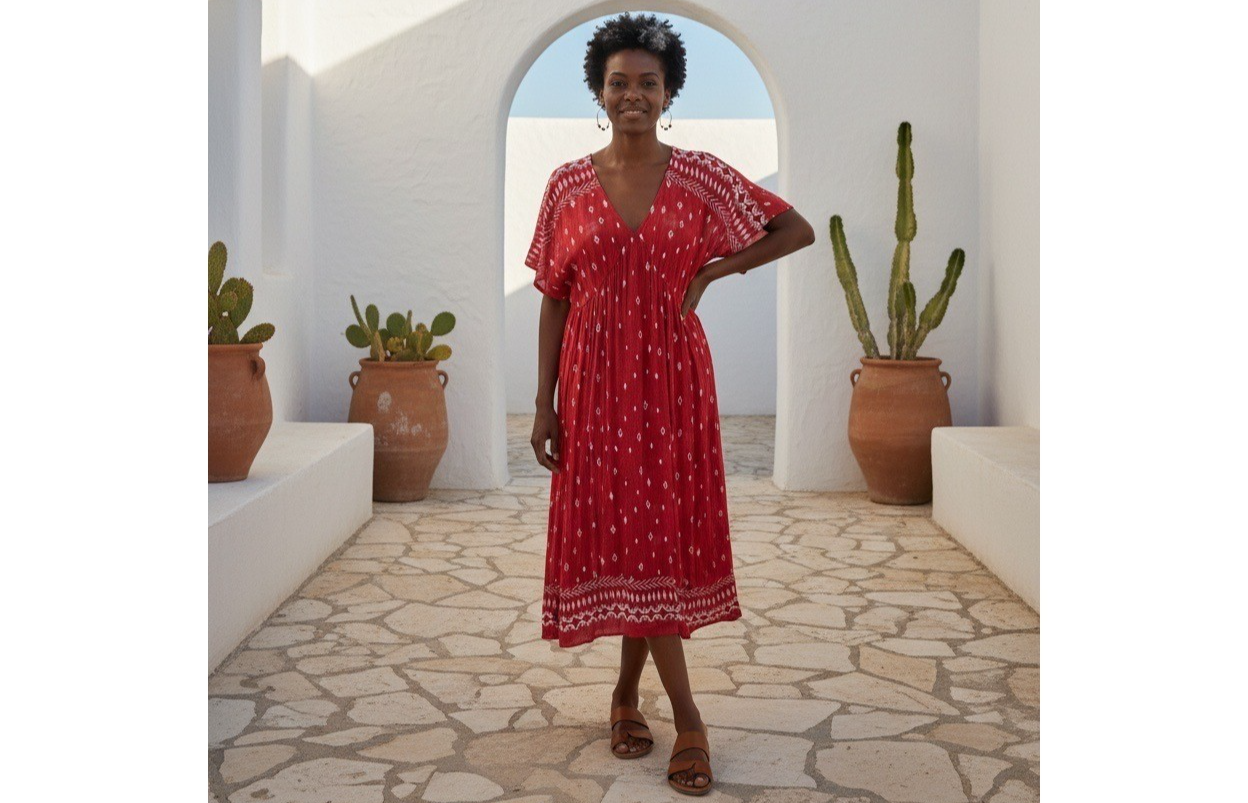 Knox Rose Womens Red Ikat Print V-Neck Midi Dress Short Sleeve Boho XS