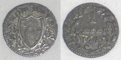 Rare 1807 Small Billon Coin One Rappen Canton of Vaud Switzerland Choice VF+