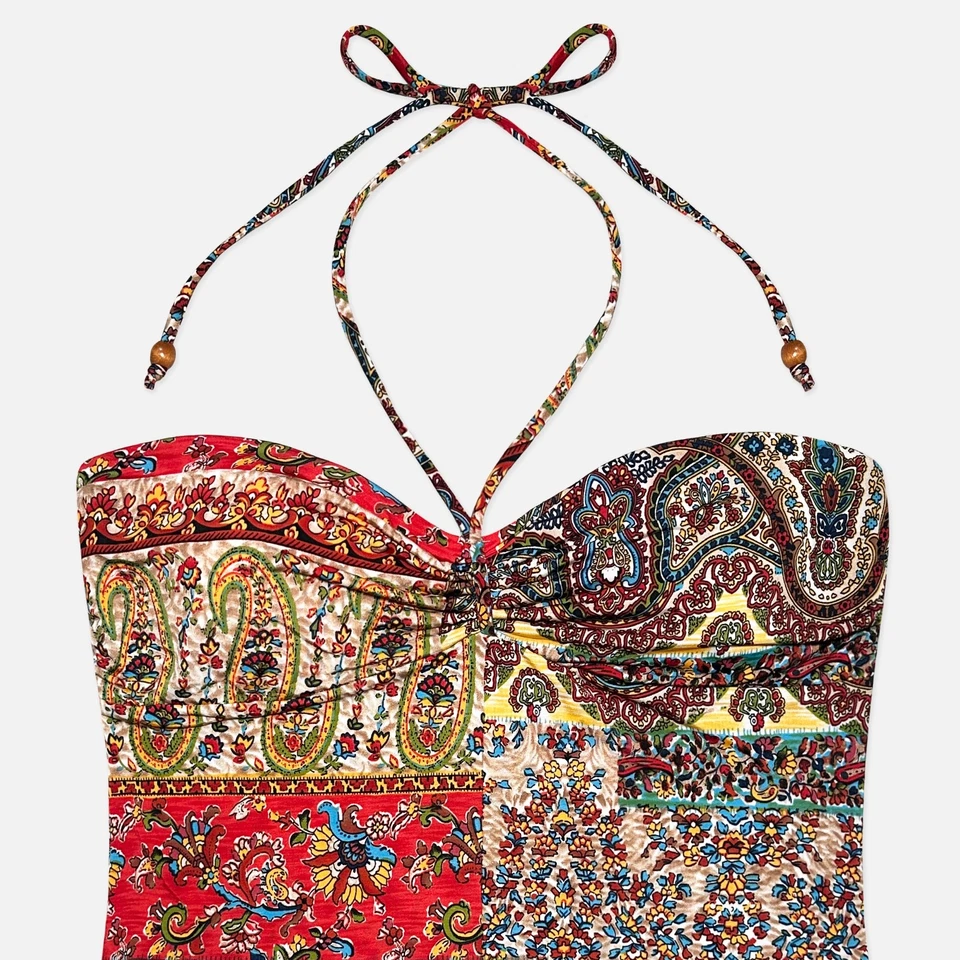 Vintage 90s Boho Lipstick Paisley Patchwork Print Slinky Cami Halter Party Top - Image 2 of 4