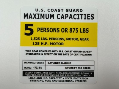 Bayliner 1703 FS Capacity Decal | USCG 5 Person 125 HP White Tag