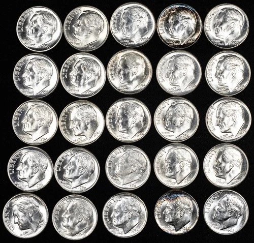 1954-1963 PDS Roosevelt 90% Silver Dime Lot of 25 Coins UNCIRCULATED BU