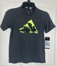 Adidas Boys 2 Piece Set Dark Heather Gray Slime Logo Tee Neon Short NWT SIZE 5