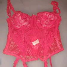 1970-80's Vintage Lady Marlene Red Corset W/Garter Clips Lace Stockings Sz 36C