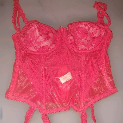 1970-80's Vintage Lady Marlene Red Corset W/Garter Clips Lace & Stockings Sz 36C