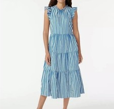 J.Crew Cotton Dobby Stripe Tiered Maxi Dress Women’s M Ruffle Neck Sleeveless