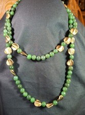 Genuine Jade 36" 8mm Round Bead With Goldtone Accents Necklace 75g
