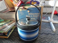 Vintage Atapco plastic & cloth blue stripe ice bucket 