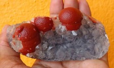 RED FLUORITE BALLS WITH CALCITE ON QUARTZ MATRIX BASE  # 200 (REPAIRED)