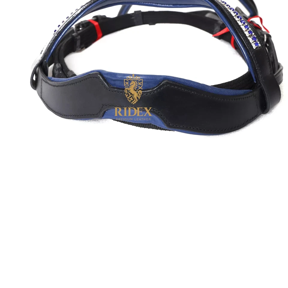 Freio de couro de adestramento com corrente de cristal azul de 3 fileiras e enchimento azul - Imagem 2 de 4