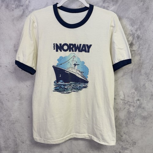 Vintage 80s Norway Cruise Ship T Shirt White Ringer Mens S/M