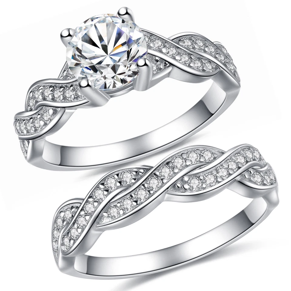 Conjunto de anillos de compromiso de plata real únicos para mujer anillos de boda corte redondo circonita cúbica Foto 2 de 4