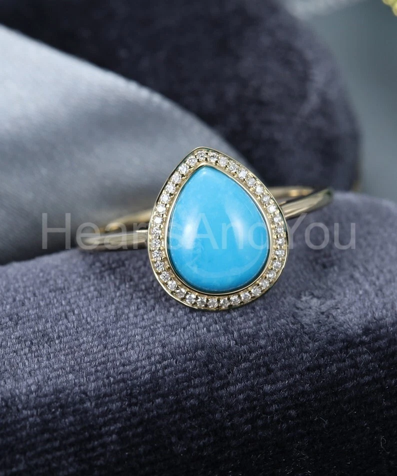 Anillo de oro amarillo sólido 100 % 14 k turquesa azul natural corte pera de 2 quilates Foto 4 de 4