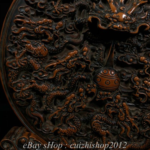 Pantalla de madera de boj de 14" antigua china talla 9 nueve dragones dragones dragones - Imagen 4 de 9