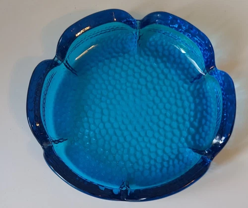 VINTAGE BLENKO TURQUOISE BLUE LOTUS GLASS ASHTRAY PEBBLED BOTTOM TRINKET DISH