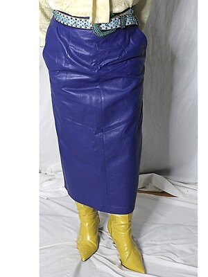 Womens Leather Skirt Evan Davies Cobalt Blue Long Pencil Vintage Sz 10 80s  90s