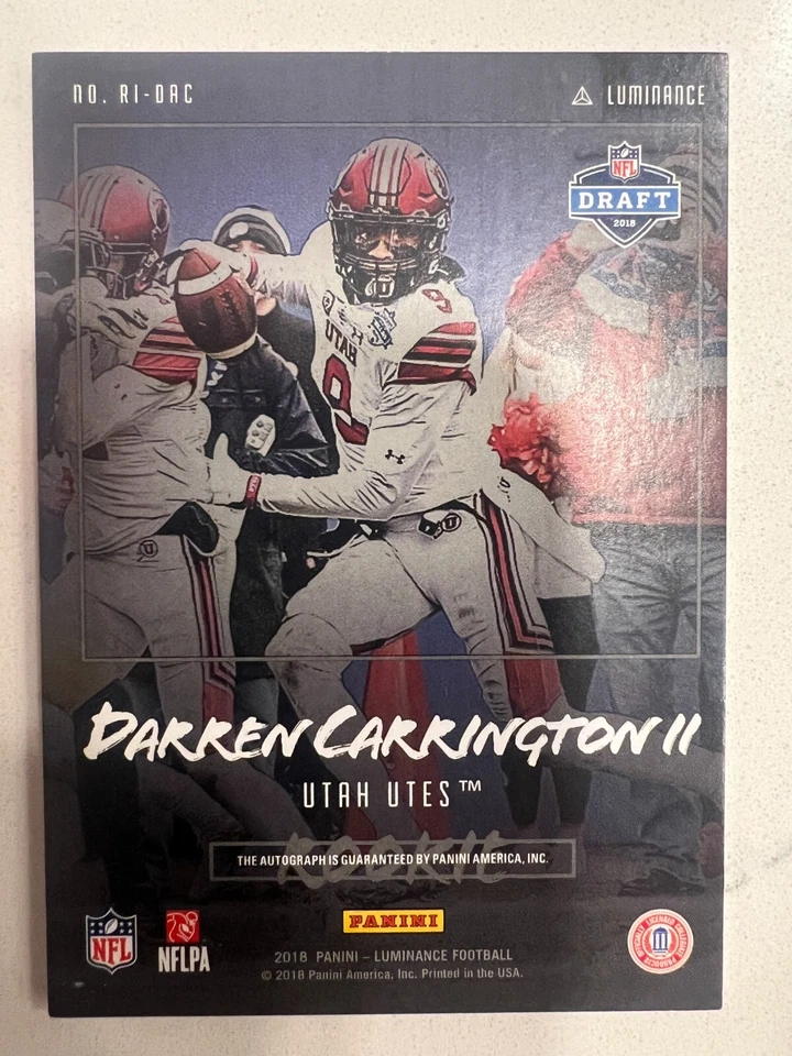 2018 Panini Luminance - Darren Carrington UTAH #RI-DAC Rookie Ink Auto Gold /99 - Image 2 of 2