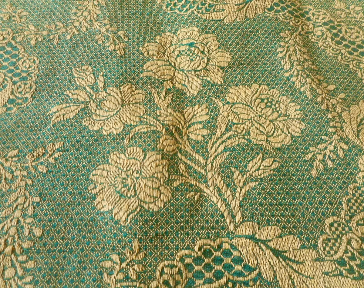 Antique French Floral Garland Linen Cotton Jacquard Fabric ~ Green Ochre  Gold