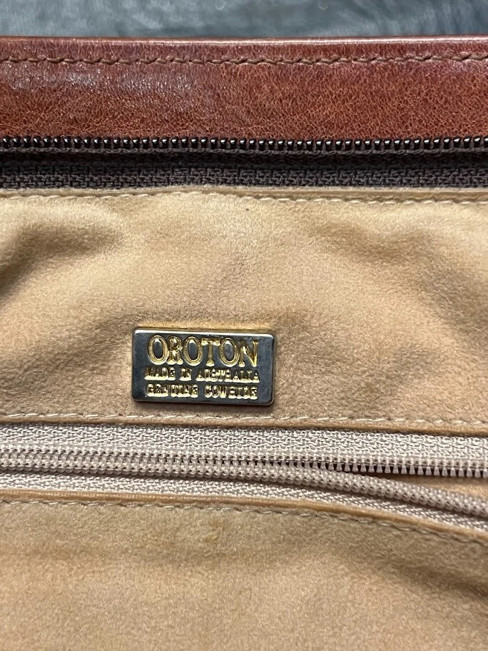 Bolso de Mano Oroton Naranja Marrón Cuero Genuino Cierre Cremallera Correa para el Hombro Foto 4 de 4