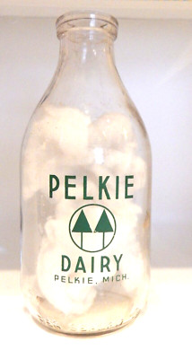 Pelkie Dairy - Pelkie, Mich. Mi. Round Pyroglazed Half Gallon Milk Bottle