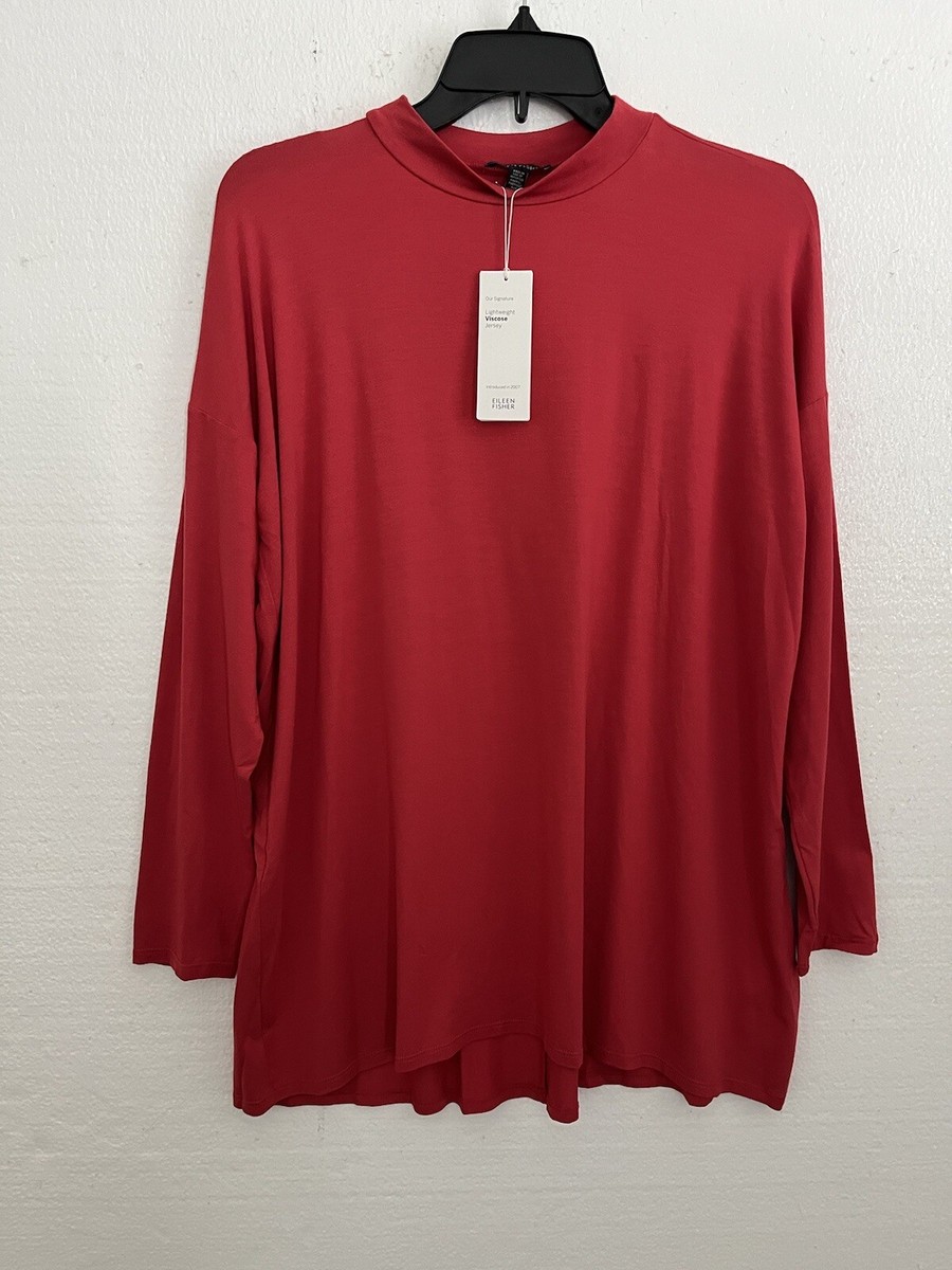 Eileen Fisher Lightweight Viscose Jersey Mock Neck Tunic Red Lantern S NWT  $148