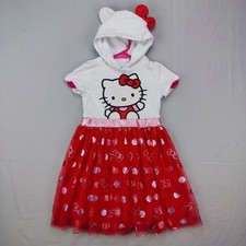 Hello Kitty Hooded Dress Girls 6/7 White Red Sanrio Tulle Skirt Polka Dot Bow
