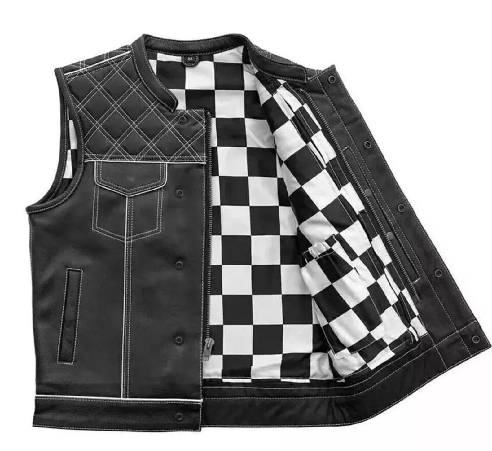 Chaleco de cuero de vaca para motocicleta para hombre Chaleco de club de motociclista Negro Blanco Forro a cuadros