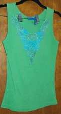 TeeCo Moss Green Ribbed Cotton Multicolored Lace Tank Top ~ Womens sz Small