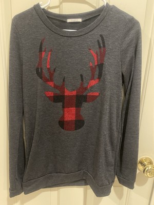 12PM BY MON AMI Dark Gray Long Sleeve Top with Red Plaid Reindeer