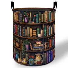 Bookshelf Laundry Basket Hamper 19.7"x15.8", Retro Library Foldable Waterproo...