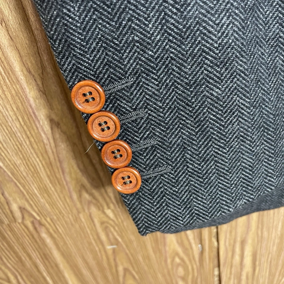 Terno masculino 3 peças 34S 30x31 cinza espinha de peixe tweed lã dupla ventilação colete calças - Imagem 4 de 4