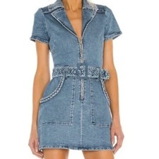 Show Me Your Mumu Denim Mini Dress Belted Zip Front Short Sleeve XL Blue