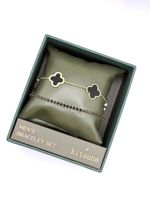 Kitsune Men Clover Black Stone + black tennis bracelet set Gold