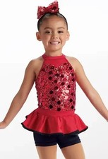 Red Spangled 3-in-1 Dance Costume- Weissmans- XSC- Tutu, Skirt, Shortie Leo