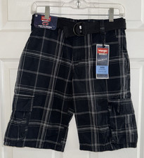 Wrangler Cargo Shorts Boys Youth 12 Reg. Black Plaid Cotton Knee Length Belted