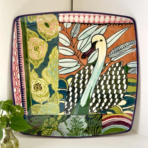 16” Anthropologie Ceramic Tray Platter Colorful Swan Botanical/Floral EUC! VNTG?