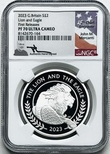 2023 £2 GREAT BRITAIN 1OZ SILVER LION AND EAGLE NGC PF70 UCAM FR MERCANTI SIGNED