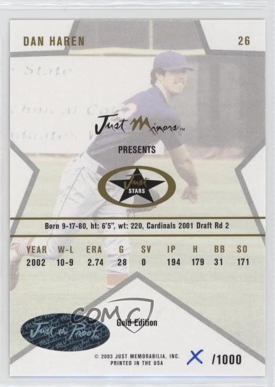 2003 Just Minors Just Stars Gold /1000 Dan Haren #26 Auto - Image 2 of 2