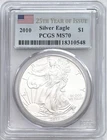 2010 SILVER EAGLE 25TH YEAR OF ISSUE PCGS MS70 FLAG BLUE LABE SPOTS