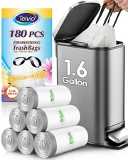 Teivio 1.6 Gallon 180pcs Strong Drawstring Trash Bags Garbage Bags, Bathroom ...