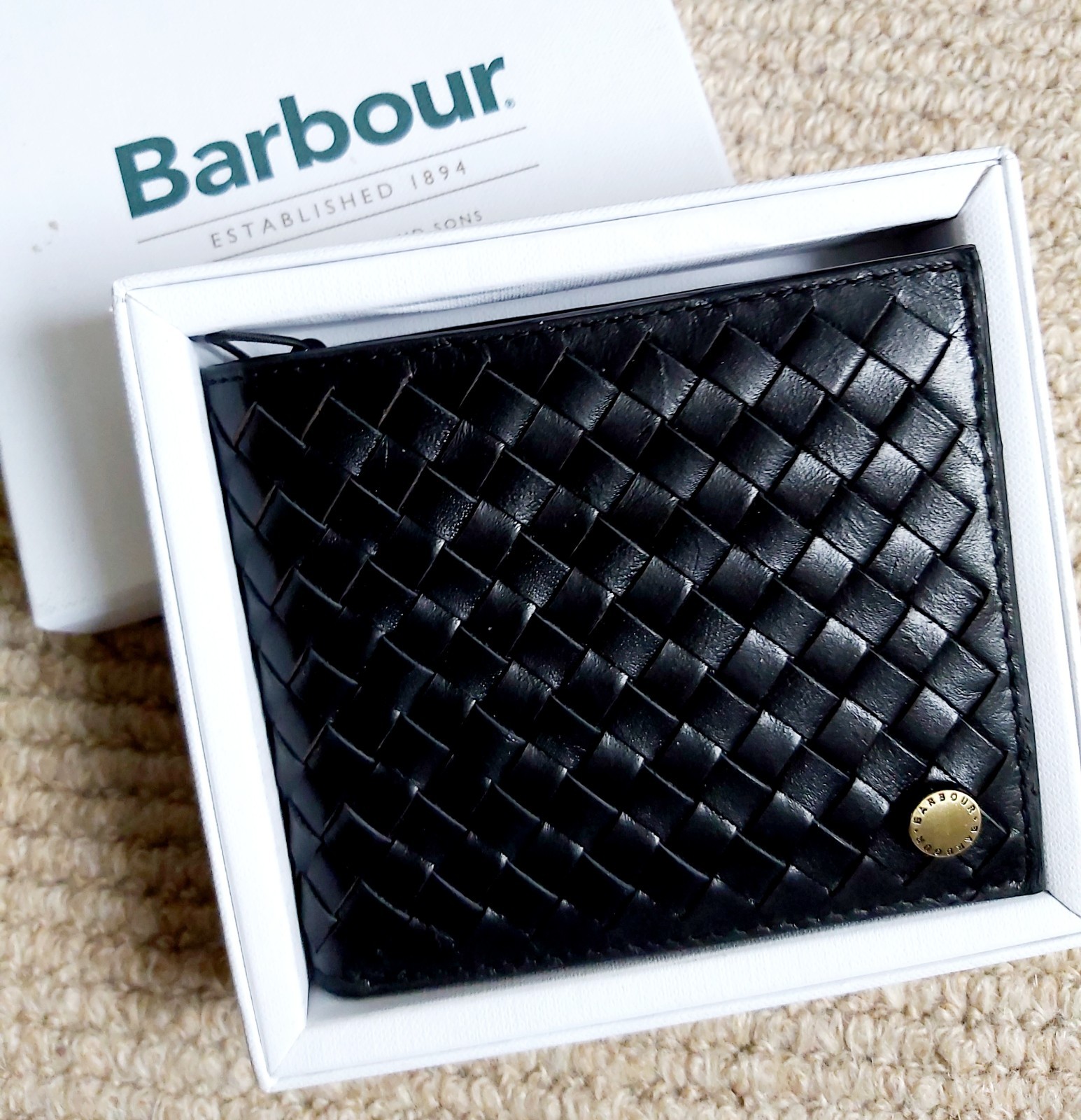 Genuine BARBOUR Black Lattice LEATHER Billfold *ID WINDOW* WALLET TARTAN LINING