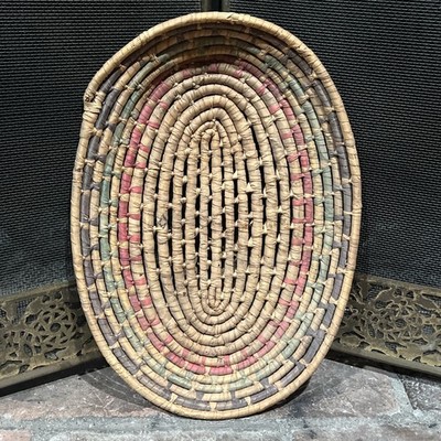 VTG Hand Woven Wicker COIL BASKET OVAL Tribal Southwestern COLORFUL NESTING