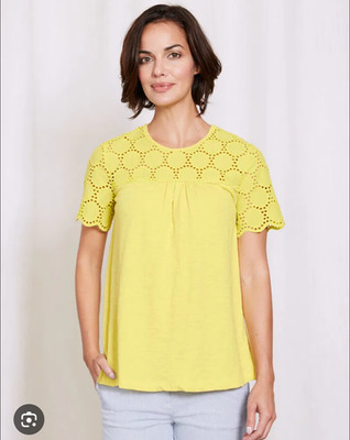 Boden Shirt Women 8 Yellow Eyelet Crochet Yoke Short Sleeve Top Blouse 213