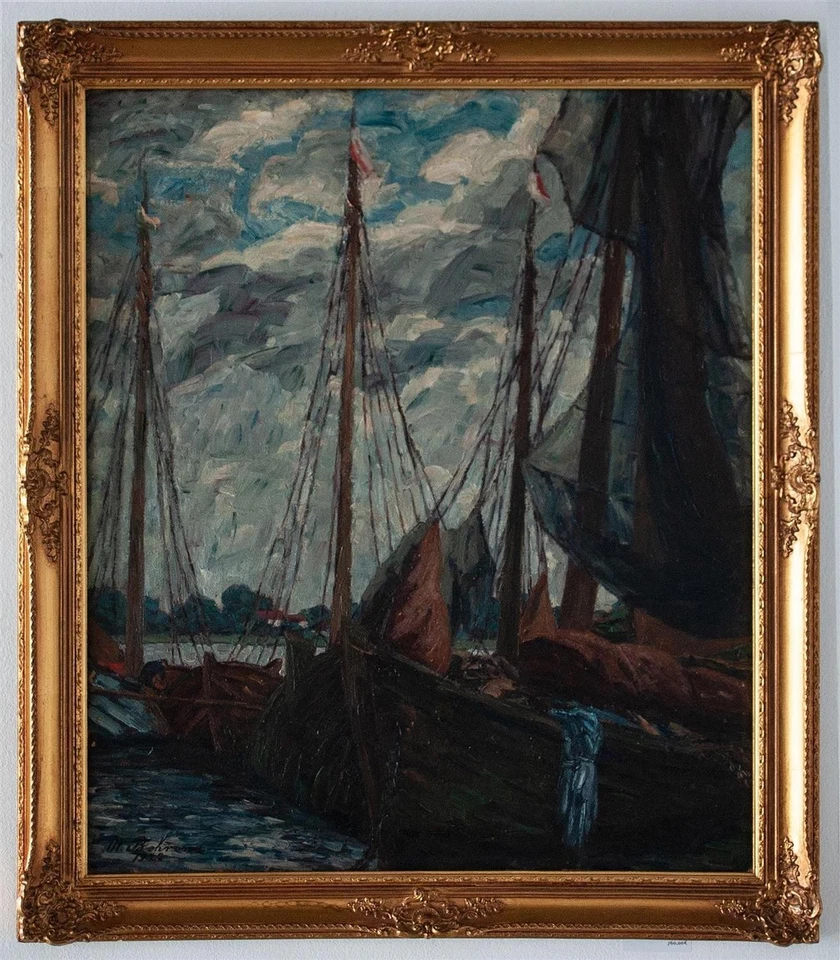 Marie Margarete Behrens Rostock Segelboote Hafen sign gerahmt Öl Malpappe 1923 - Bild 2 von 3