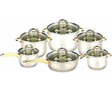 12 Pieces Stainless Steel Cookware Set With Gold Plated Handle Glass Lid, Silver