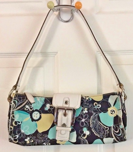 Nine West Shoulder Bag Turquoise Green Tropical Flowers Buckle Small Short Strap - Picture 2 of 11