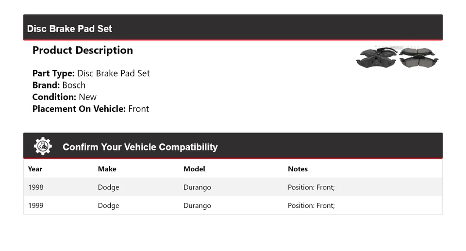 For 1998-1999 Dodge Durango Bosch Semi-Metallic Brake Pads with Hdw Front - Image 2 of 4