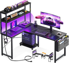 L Shaped Desk Gaming Desk with LED Light  Power Outlet, 43 Inch Reversible L Sh