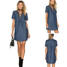 Lovers + Friends Waterfront Lace Up Shirt Dress Size Small Women's Chambray Blue