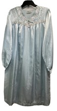 Vintage Character Sz M Light Blue Long Sleeve Button Down Satin Nightgown PO