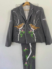Men 2Pc Bespoke Birds Embroidered Nudie Western cowboy Cocktail Prom Outfit